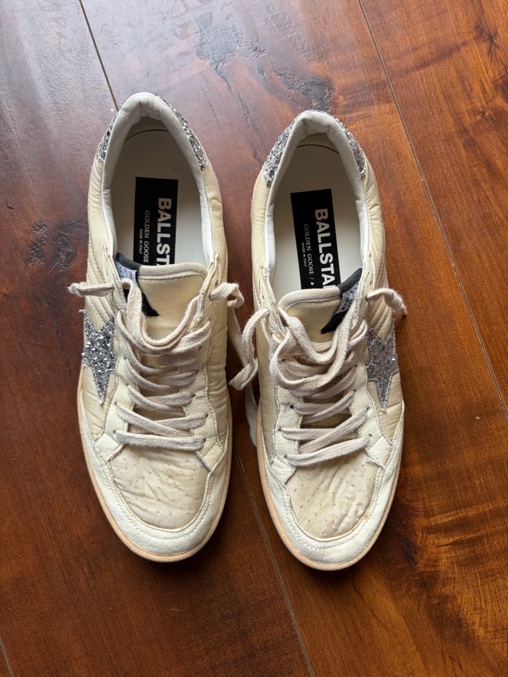 Golden Goose Cream and White Ballstar Sneaker (Close-Up)